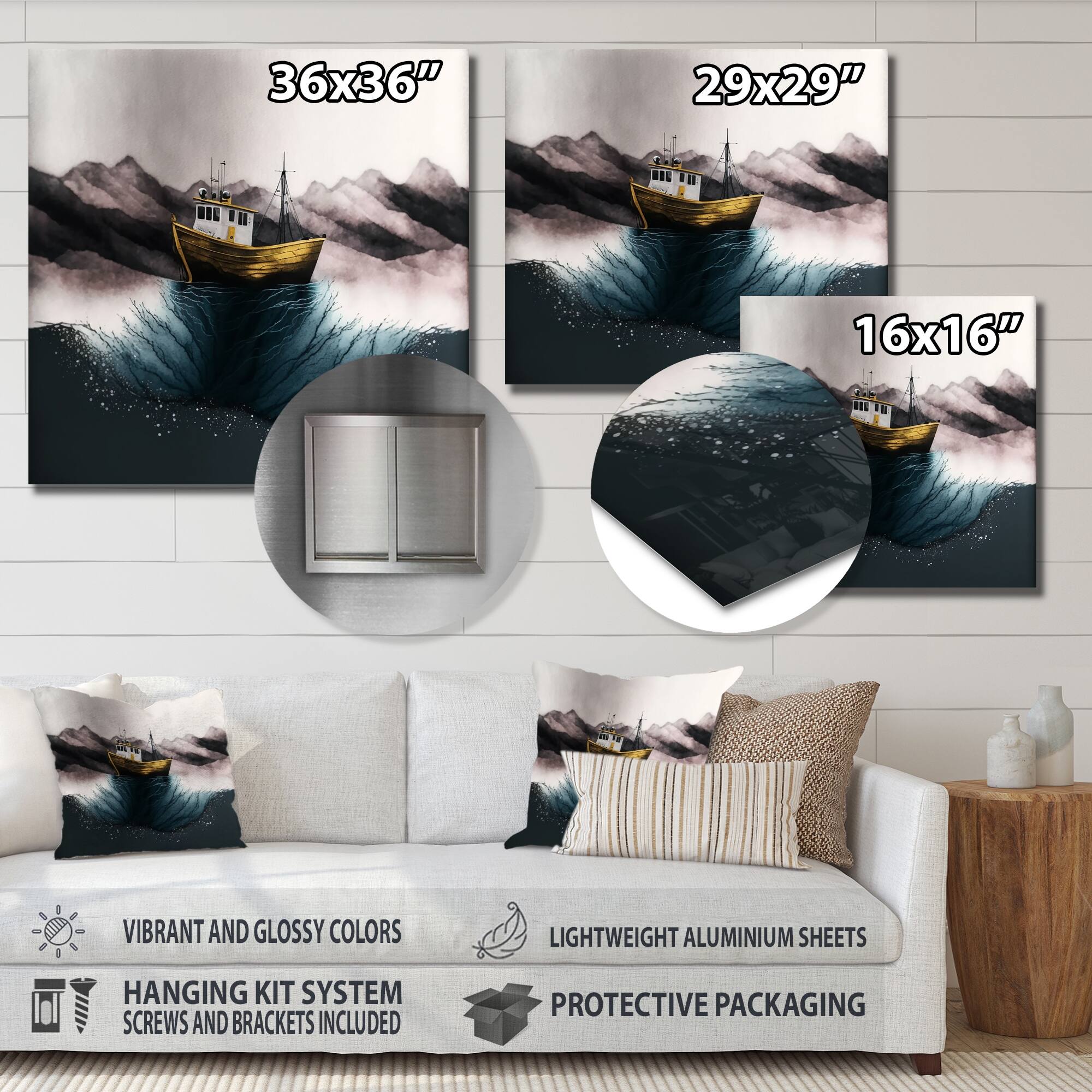 Designart "Gold Modern Fishing Boat II" Coastal Boat Metal Wall Art